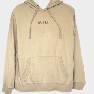 Vintage Guess Hoodie Size Large Tan Pullover Drawstring Logo 100% Cotton
